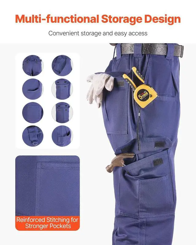 Alt view image 6 of 7 - FR Pants for Men, 9 oz 100% Cotton, Flame-Resistant Cargo Pants with Multi-Pockets and Elastic Waist, Reinforced Tear-Proof Stitching, Ideal for Welding Work and Casual Wear, XL Size, Dark Blue