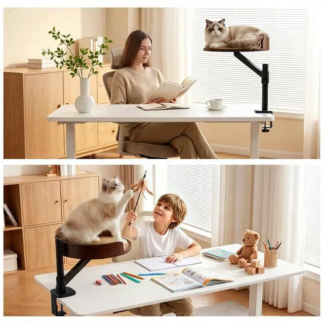 Alt view image 5 of 7 - Cat Bed, Desk Mounted Cat Perch with Scratcher, Walnutwood Finish | Eco-friendly Solid Wood, Bond with Your Pet, Adjustable Height and Angle, Max 33lbs Weight Capacity, Clampon Design