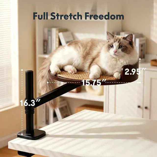Alt view image 7 of 7 - Cat Bed, Desk Mounted Cat Perch with Scratcher, Walnutwood Finish | Eco-friendly Solid Wood, Bond with Your Pet, Adjustable Height and Angle, Max 33lbs Weight Capacity, Clampon Design
