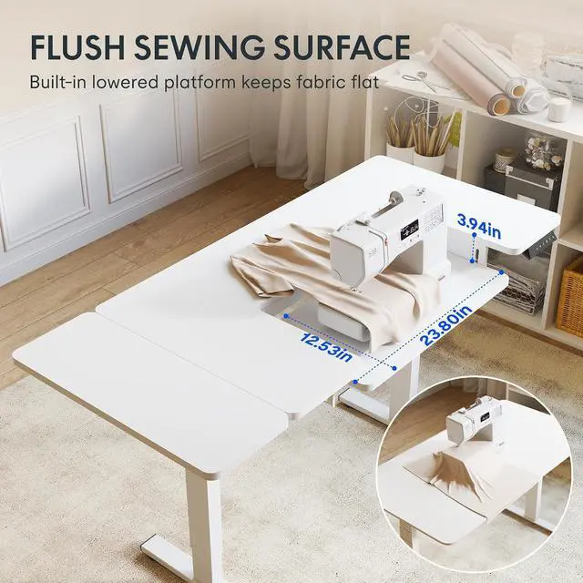 Alt view image 5 of 7 - Adjustable Sewing Table with Flush Mount Sewing Machine Bed, Sewing Desk with Dual Adjustable Workspace, Electric Sewing Machine Table for Quilting, Crafting, Tailoring and Home Studio Use