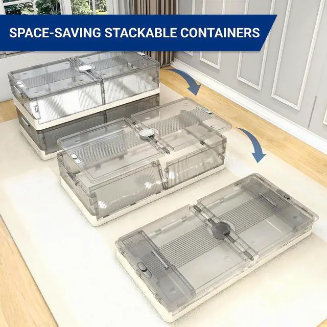 Alt view image 6 of 7 - 2-Pack Under Bed Storage with Wheels, 108 QT Large Collapsible & Stackable Containers, Foldable Organizer Bins for Blankets, Shoes, Books, Bedroom Closet