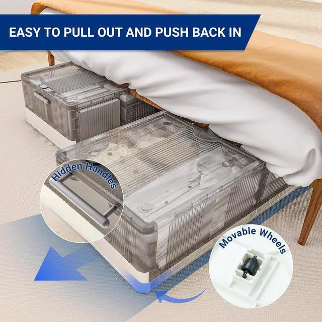 Alt view image 5 of 7 - 3-Pack Under Bed Storage with Wheels, 108 QT Large Collapsible & Stackable Containers, Foldable Organizer Bins for Blankets, Shoes, Books, Bedroom Closet