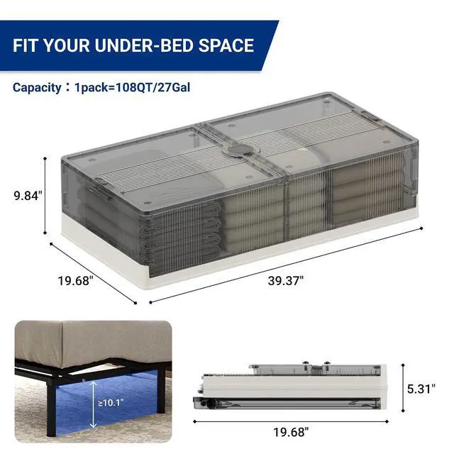 Alt view image 7 of 7 - 3-Pack Under Bed Storage with Wheels, 108 QT Large Collapsible & Stackable Containers, Foldable Organizer Bins for Blankets, Shoes, Books, Bedroom Closet