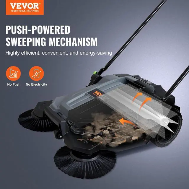 Alt view image 2 of 7 - Walk-Behind Hand Push Floor Sweeper, 25.6" Sweeping Width Floor Sweeper Manual Non-Electric, 5-Gallon Waste Container, Angle & Height Adjustable Folding Handle for Walkway, Yard, Garage, Patio