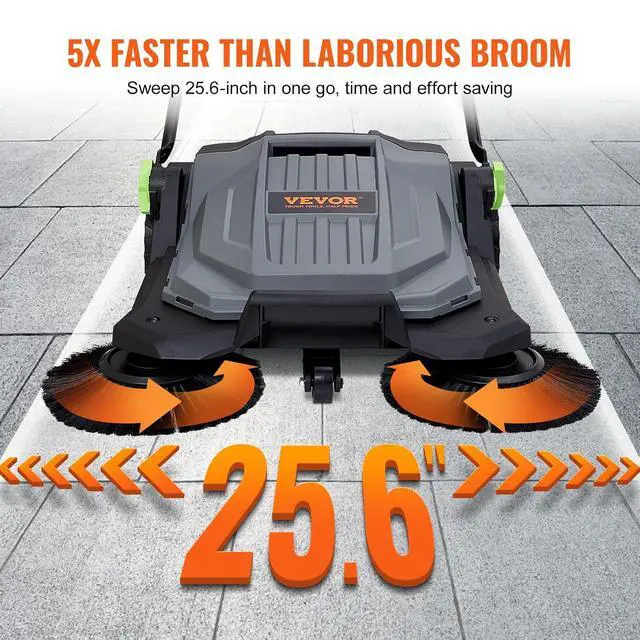 Alt view image 3 of 7 - Walk-Behind Hand Push Floor Sweeper, 25.6" Sweeping Width Floor Sweeper Manual Non-Electric, 5-Gallon Waste Container, Angle & Height Adjustable Folding Handle for Walkway, Yard, Garage, Patio