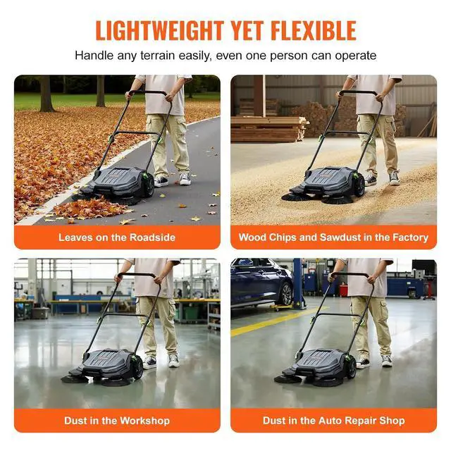 Alt view image 4 of 7 - Walk-Behind Hand Push Floor Sweeper, 25.6" Sweeping Width Floor Sweeper Manual Non-Electric, 5-Gallon Waste Container, Angle & Height Adjustable Folding Handle for Walkway, Yard, Garage, Patio