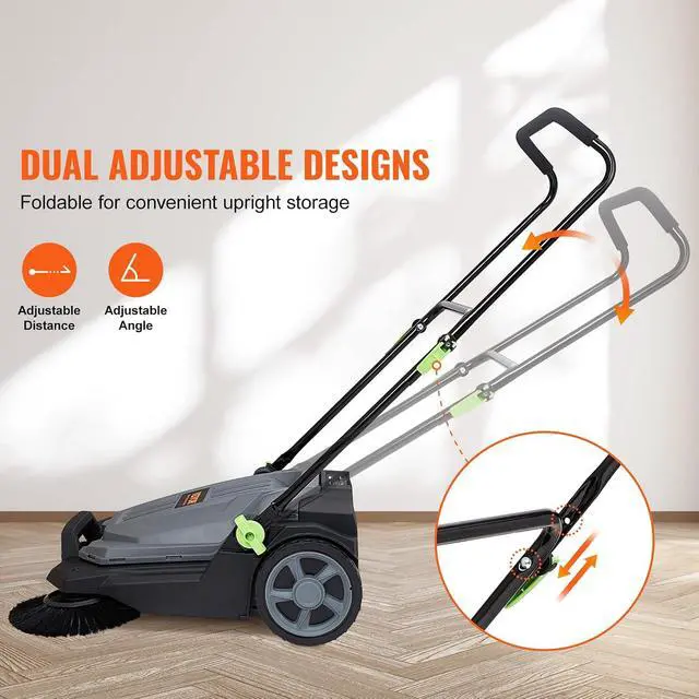 Alt view image 5 of 7 - Walk-Behind Hand Push Floor Sweeper, 25.6" Sweeping Width Floor Sweeper Manual Non-Electric, 5-Gallon Waste Container, Angle & Height Adjustable Folding Handle for Walkway, Yard, Garage, Patio