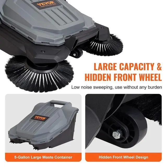Alt view image 6 of 7 - Walk-Behind Hand Push Floor Sweeper, 25.6" Sweeping Width Floor Sweeper Manual Non-Electric, 5-Gallon Waste Container, Angle & Height Adjustable Folding Handle for Walkway, Yard, Garage, Patio