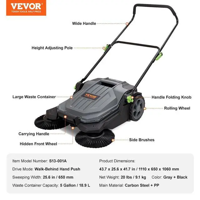 Alt view image 7 of 7 - Walk-Behind Hand Push Floor Sweeper, 25.6" Sweeping Width Floor Sweeper Manual Non-Electric, 5-Gallon Waste Container, Angle & Height Adjustable Folding Handle for Walkway, Yard, Garage, Patio