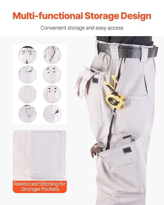 Alt view image 6 of 7 - FR Pants for Men, 9 oz 100% Cotton, Flame-Resistant Cargo Pants with Multi-Pockets and Elastic Waist, Reinforced Tear-Proof Stitching, Ideal for Welding Work and Casual Wear, L Size, Gray