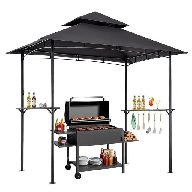 Main image of Grill Gazebo, 8 x 5 ft Outdoor BBQ Gazebo with Double-Tiered Roof, Powder-Coated Steel Patio Grill Shelter with 2 Side Shelves & 8 Hooks, Grilling Canopy for Patio Backyard Garden Picnic