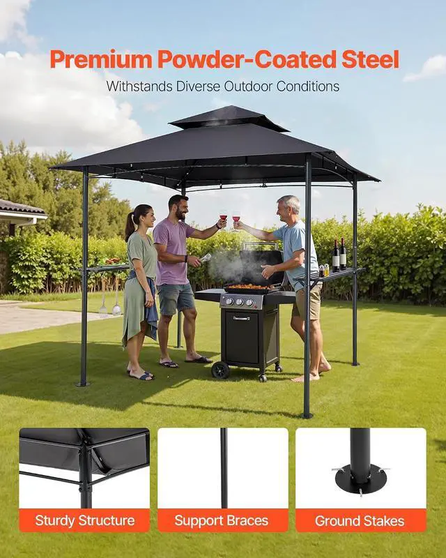Alt view image 4 of 7 - Grill Gazebo, 8 x 5 ft Outdoor BBQ Gazebo with Double-Tiered Roof, Powder-Coated Steel Patio Grill Shelter with 2 Side Shelves & 8 Hooks, Grilling Canopy for Patio Backyard Garden Picnic