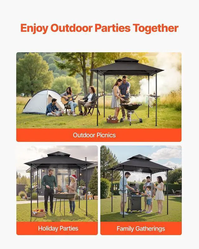 Alt view image 6 of 7 - Grill Gazebo, 8 x 5 ft Outdoor BBQ Gazebo with Double-Tiered Roof, Powder-Coated Steel Patio Grill Shelter with 2 Side Shelves & 8 Hooks, Grilling Canopy for Patio Backyard Garden Picnic