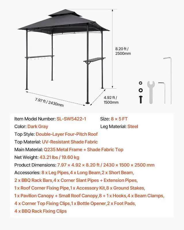 Alt view image 7 of 7 - Grill Gazebo, 8 x 5 ft Outdoor BBQ Gazebo with Double-Tiered Roof, Powder-Coated Steel Patio Grill Shelter with 2 Side Shelves & 8 Hooks, Grilling Canopy for Patio Backyard Garden Picnic