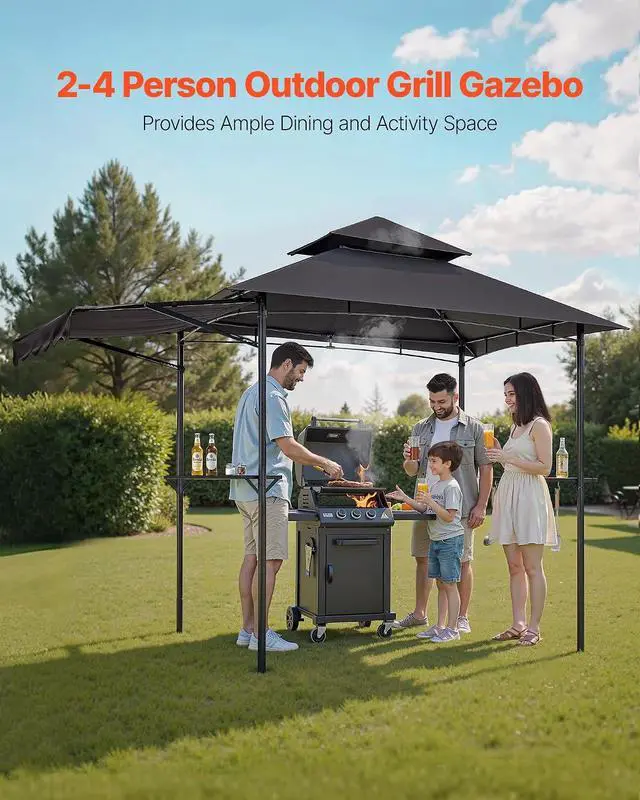 Alt view image 2 of 7 - Grill Gazebo, 11x5 ft BBQ Gazebo with Extra Awning, Double-Tiered Outdoor Grill Shelter, Powder-Coated Steel Grilling Canopy with Side Shelves, Hooks & Bottle Opener for Patio, Backyard & Garden
