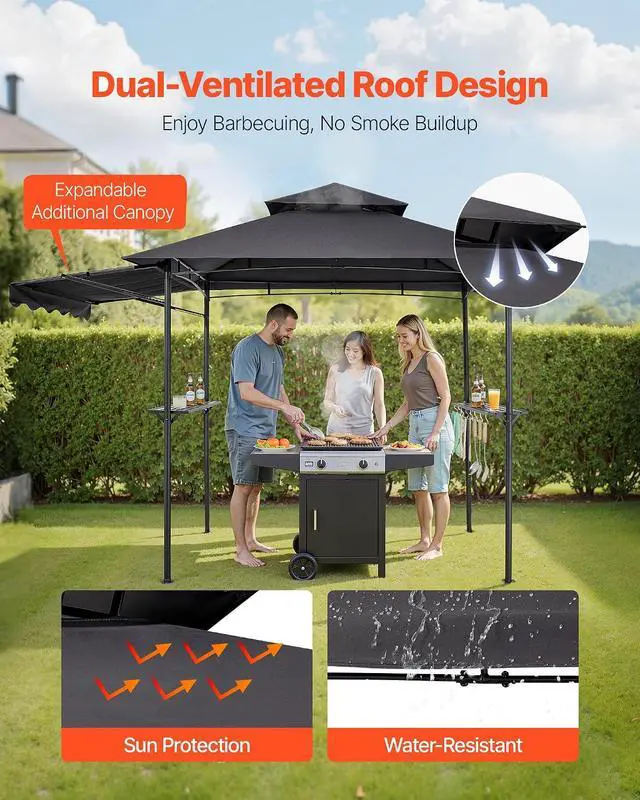 Alt view image 3 of 7 - Grill Gazebo, 11x5 ft BBQ Gazebo with Extra Awning, Double-Tiered Outdoor Grill Shelter, Powder-Coated Steel Grilling Canopy with Side Shelves, Hooks & Bottle Opener for Patio, Backyard & Garden