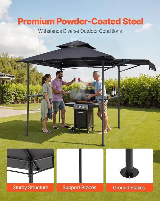 Alt view image 4 of 7 - Grill Gazebo, 11x5 ft BBQ Gazebo with Extra Awning, Double-Tiered Outdoor Grill Shelter, Powder-Coated Steel Grilling Canopy with Side Shelves, Hooks & Bottle Opener for Patio, Backyard & Garden