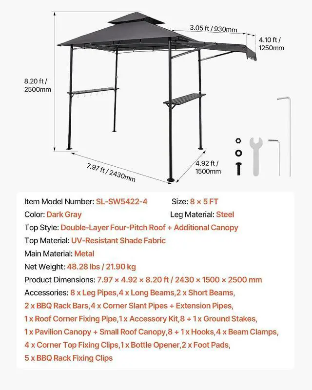 Alt view image 7 of 7 - Grill Gazebo, 11x5 ft BBQ Gazebo with Extra Awning, Double-Tiered Outdoor Grill Shelter, Powder-Coated Steel Grilling Canopy with Side Shelves, Hooks & Bottle Opener for Patio, Backyard & Garden