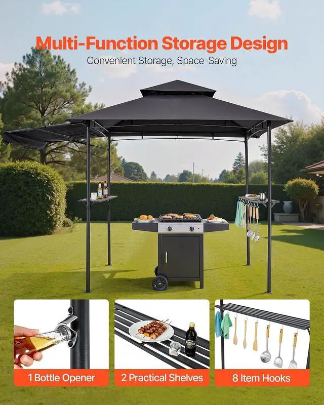 Alt view image 5 of 7 - Grill Gazebo, 11x5 ft BBQ Gazebo with Extra Awning, Double-Tiered Outdoor Grill Shelter, Powder-Coated Steel Grilling Canopy with Side Shelves, Hooks & Bottle Opener for Patio, Backyard & Garden