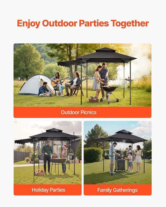 Alt view image 6 of 7 - Grill Gazebo, 11x5 ft BBQ Gazebo with Extra Awning, Double-Tiered Outdoor Grill Shelter, Powder-Coated Steel Grilling Canopy with Side Shelves, Hooks & Bottle Opener for Patio, Backyard & Garden