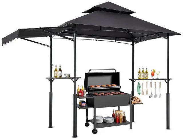 Main image of Grill Gazebo, 11x5 ft BBQ Gazebo with Extra Awning, Double-Tiered Outdoor Grill Shelter, Thickened Support Legs, Powder-Coated Steel Grilling Canopy with Side Shelves, Bottle Opener & Hooks