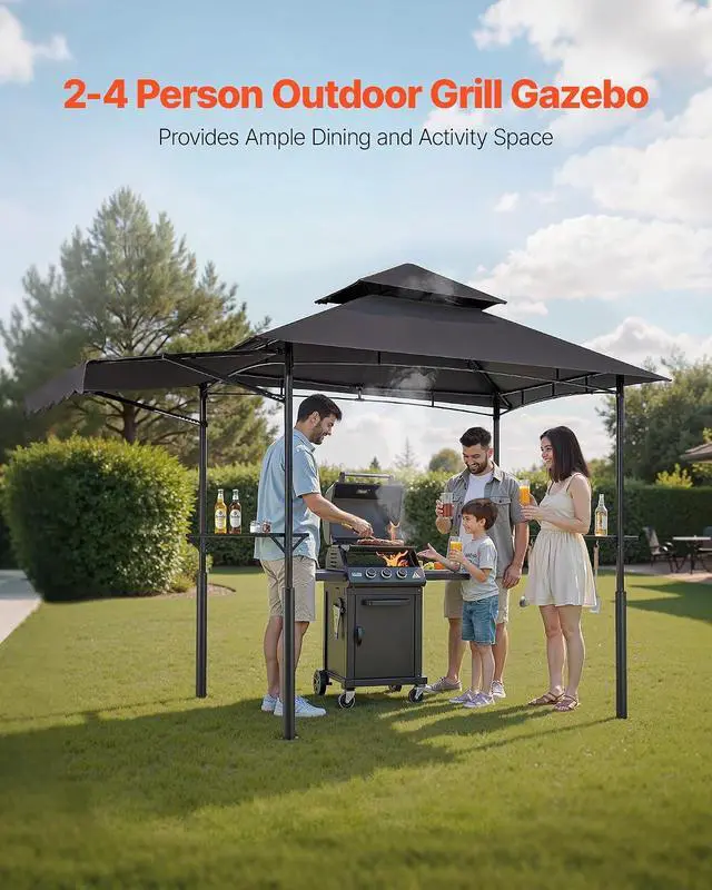 Alt view image 2 of 7 - Grill Gazebo, 11x5 ft BBQ Gazebo with Extra Awning, Double-Tiered Outdoor Grill Shelter, Thickened Support Legs, Powder-Coated Steel Grilling Canopy with Side Shelves, Bottle Opener & Hooks