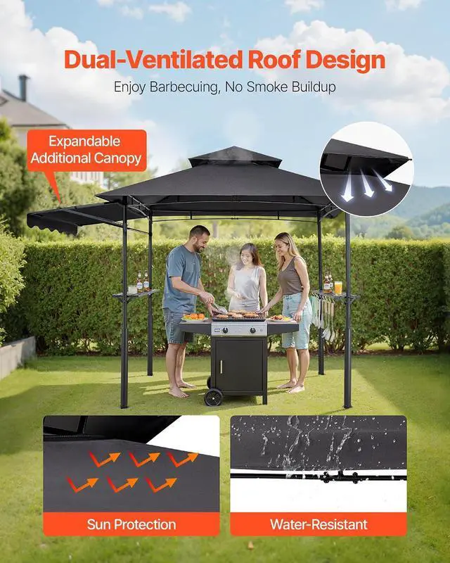 Alt view image 3 of 7 - Grill Gazebo, 11x5 ft BBQ Gazebo with Extra Awning, Double-Tiered Outdoor Grill Shelter, Thickened Support Legs, Powder-Coated Steel Grilling Canopy with Side Shelves, Bottle Opener & Hooks