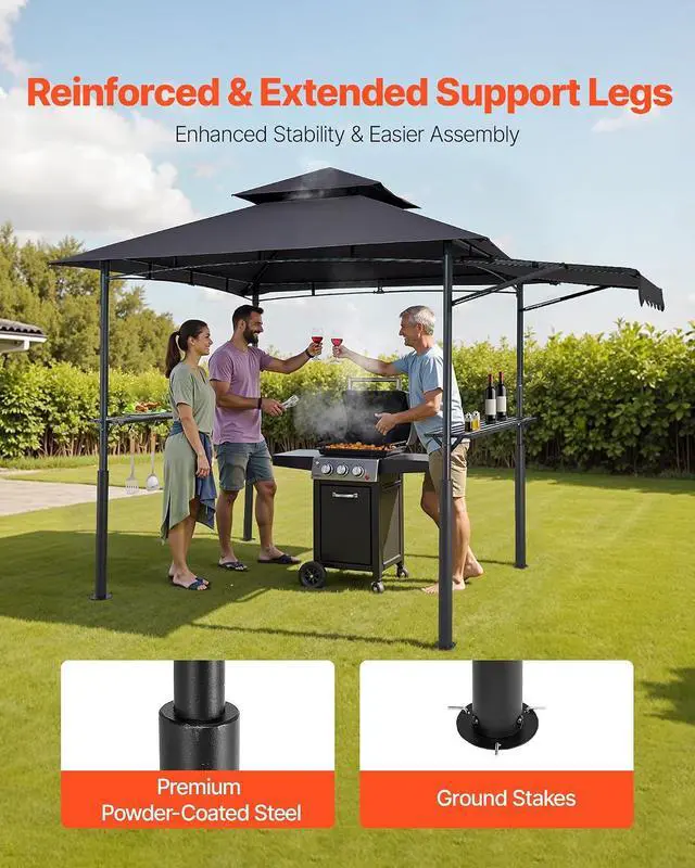 Alt view image 4 of 7 - Grill Gazebo, 11x5 ft BBQ Gazebo with Extra Awning, Double-Tiered Outdoor Grill Shelter, Thickened Support Legs, Powder-Coated Steel Grilling Canopy with Side Shelves, Bottle Opener & Hooks
