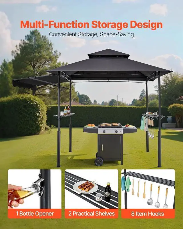 Alt view image 5 of 7 - Grill Gazebo, 11x5 ft BBQ Gazebo with Extra Awning, Double-Tiered Outdoor Grill Shelter, Thickened Support Legs, Powder-Coated Steel Grilling Canopy with Side Shelves, Bottle Opener & Hooks