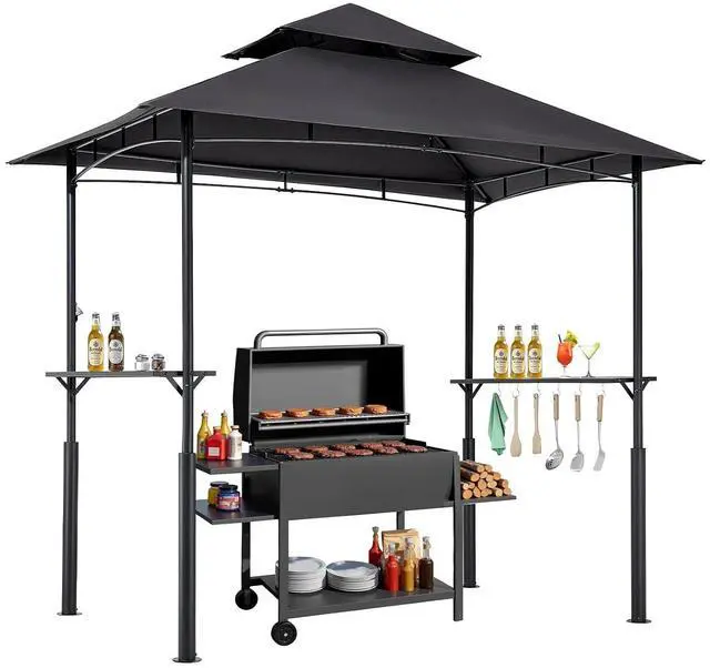 Main image of Grill Gazebo, 8x5 ft BBQ Gazebo with Double-Tiered Roof, Heavy-Duty Outdoor Grill Shelter, Thickened Support Legs, Powder-Coated Steel Grilling Canopy with 2 Side Shelves, Bottle Opener & Hooks
