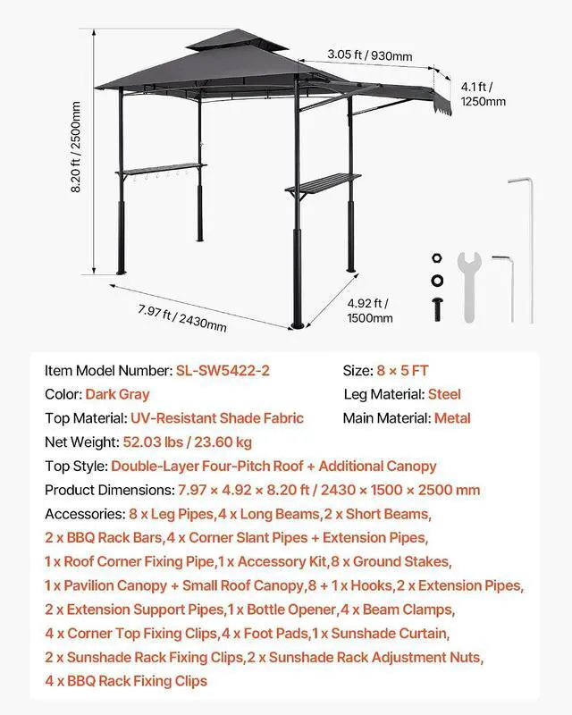 Alt view image 7 of 7 - Grill Gazebo, 11x5 ft BBQ Gazebo with Extra Awning, Double-Tiered Outdoor Grill Shelter, Thickened Support Legs, Powder-Coated Steel Grilling Canopy with Side Shelves, Bottle Opener & Hooks