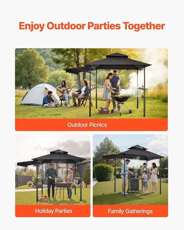 Alt view image 6 of 7 - Grill Gazebo, 11x5 ft BBQ Gazebo with Extra Awning, Double-Tiered Outdoor Grill Shelter, Thickened Support Legs, Powder-Coated Steel Grilling Canopy with Side Shelves, Bottle Opener & Hooks