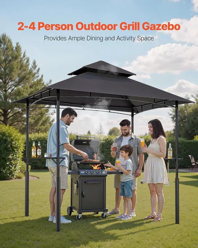 Alt view image 2 of 7 - Grill Gazebo, 8x5 ft BBQ Gazebo with Double-Tiered Roof, Heavy-Duty Outdoor Grill Shelter, Thickened Support Legs, Powder-Coated Steel Grilling Canopy with 2 Side Shelves, Bottle Opener & Hooks