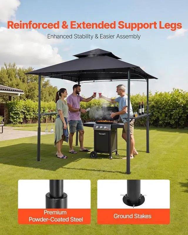 Alt view image 4 of 7 - Grill Gazebo, 8x5 ft BBQ Gazebo with Double-Tiered Roof, Heavy-Duty Outdoor Grill Shelter, Thickened Support Legs, Powder-Coated Steel Grilling Canopy with 2 Side Shelves, Bottle Opener & Hooks