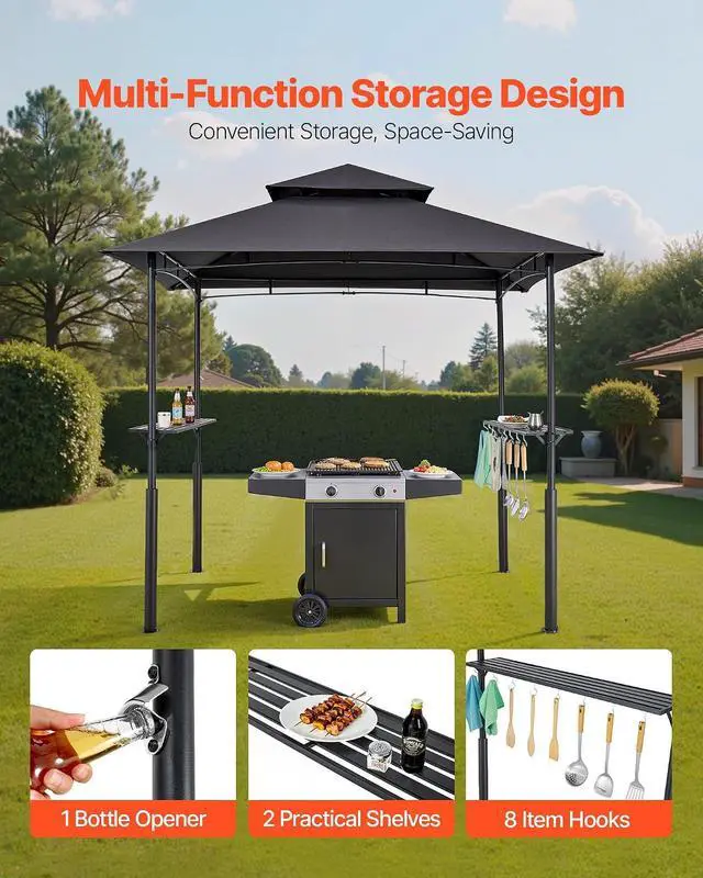 Alt view image 5 of 7 - Grill Gazebo, 8x5 ft BBQ Gazebo with Double-Tiered Roof, Heavy-Duty Outdoor Grill Shelter, Thickened Support Legs, Powder-Coated Steel Grilling Canopy with 2 Side Shelves, Bottle Opener & Hooks