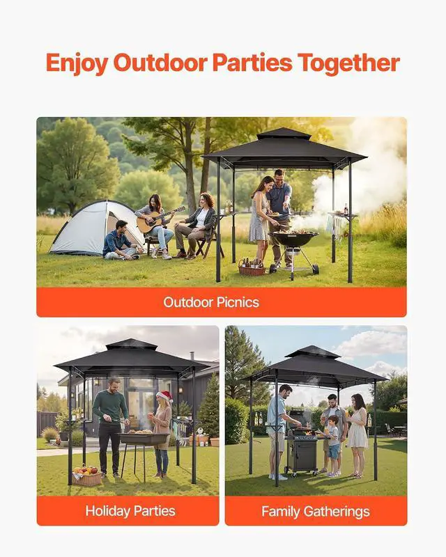Alt view image 6 of 7 - Grill Gazebo, 8x5 ft BBQ Gazebo with Double-Tiered Roof, Heavy-Duty Outdoor Grill Shelter, Thickened Support Legs, Powder-Coated Steel Grilling Canopy with 2 Side Shelves, Bottle Opener & Hooks