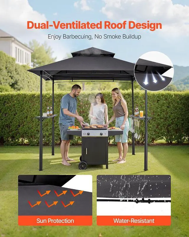 Alt view image 3 of 7 - Grill Gazebo, 8x5 ft BBQ Gazebo with Double-Tiered Roof, Heavy-Duty Outdoor Grill Shelter, Thickened Support Legs, Powder-Coated Steel Grilling Canopy with 2 Side Shelves, Bottle Opener & Hooks