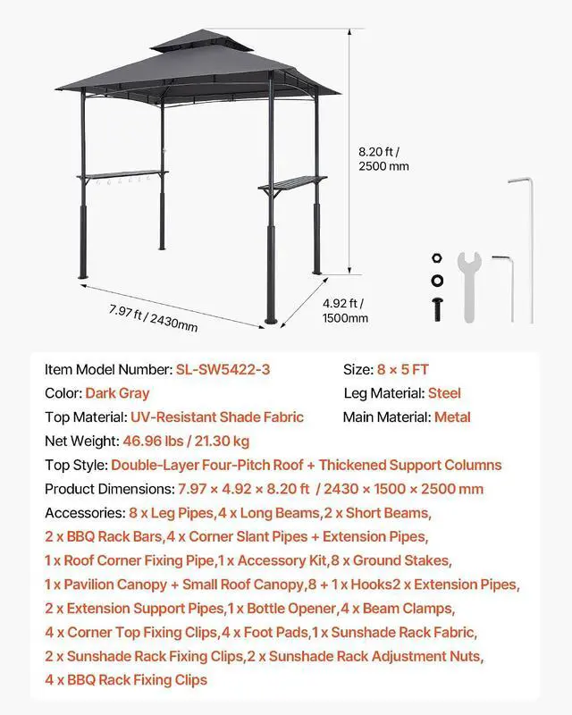 Alt view image 7 of 7 - Grill Gazebo, 8x5 ft BBQ Gazebo with Double-Tiered Roof, Heavy-Duty Outdoor Grill Shelter, Thickened Support Legs, Powder-Coated Steel Grilling Canopy with 2 Side Shelves, Bottle Opener & Hooks