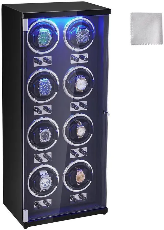 Main image of Watch Organizer, Accommodates 8 Automatic Watches for Both Men and Women, Features 8 Ultra-Silent Japanese Mabuchi Motors, Includes Blue LED Illumination & Power Adapter, Crafted from Durable