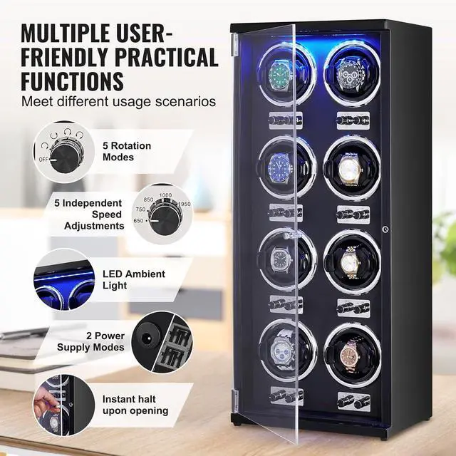 Alt view image 5 of 7 - Watch Organizer, Accommodates 8 Automatic Watches for Both Men and Women, Features 8 Ultra-Silent Japanese Mabuchi Motors, Includes Blue LED Illumination & Power Adapter, Crafted from Durable