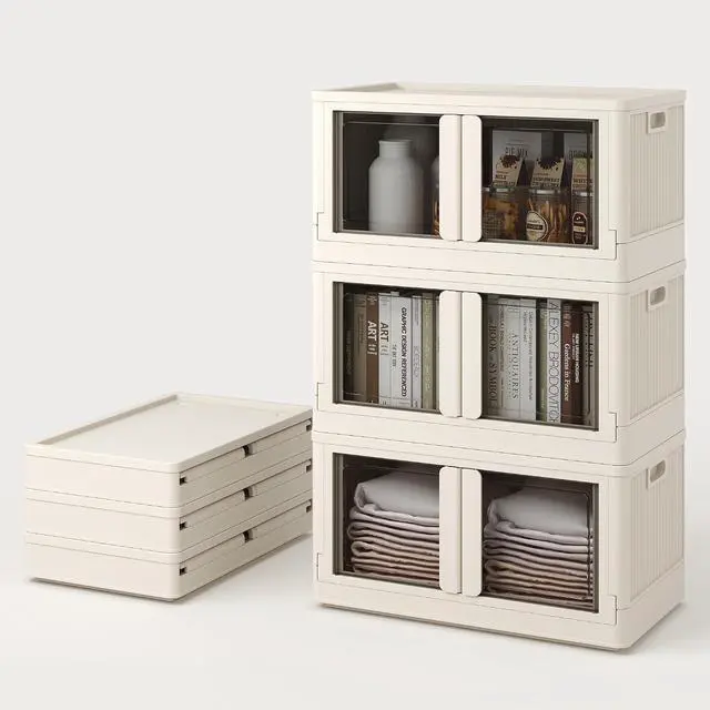 Main image of 228 QT Stackable Storage Bins With Lids, Collapsible Plastic Storage Bins With Doors and Built-in Wheels For Home Dorm Closet Organizers and Storage, 3 Pack Cubes, Milky White