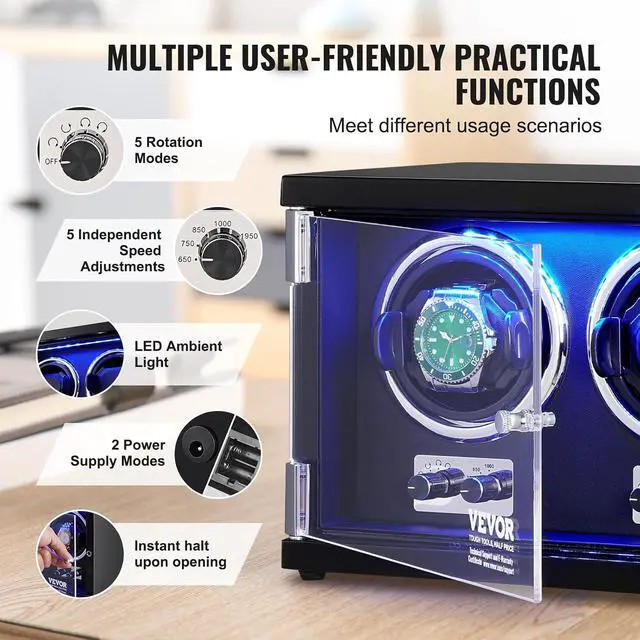 Alt view image 5 of 7 - Watch Winder, Rotating Watch Box for High-End Automatic Watches, 2 Watch Winder Case with Quiet Japanese Motors, LED Light, Adjustable Direction and Speed, Multi Modes