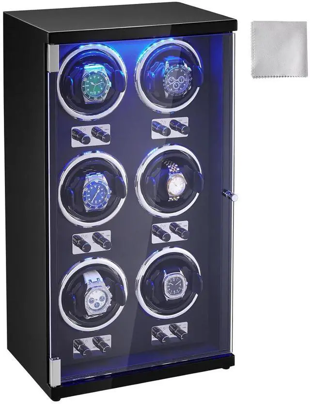 Main image of Watch Winder, Watch Winder for 6 Men's and Women's Automatic Watches, with 6 Super Quiet Japanese Mabuchi Motors, Blue LED Light and Adapter, High-Density Board Shell and Black PU