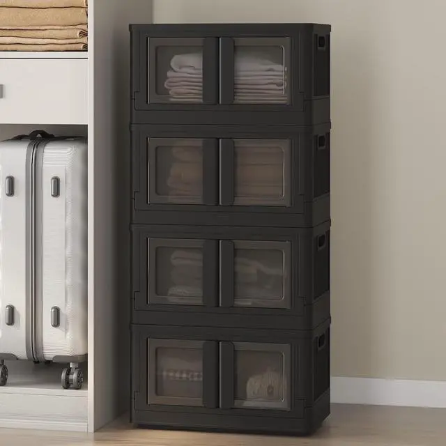 Main image of 150 QT Stackable Storage Bins With Lids, Collapsible Plastic Storage Bins, Closet Organizers and Storage Containers with Doors and Built-in Wheels For Home, 4 Pack Cubes, Black