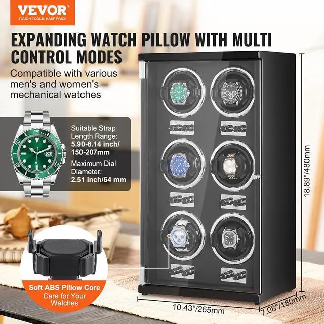 Alt view image 2 of 7 - Watch Winder, Watch Winder for 6 Men's and Women's Automatic Watches, with 6 Super Quiet Japanese Mabuchi Motors, Blue LED Light and Adapter, High-Density Board Shell and Black PU