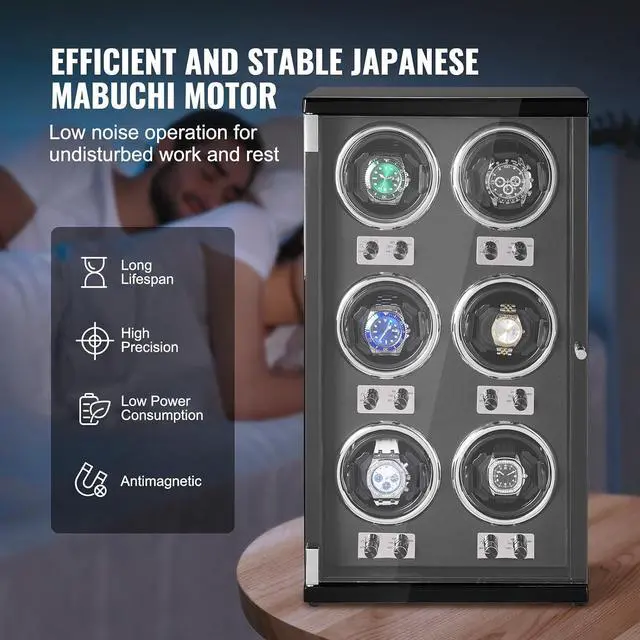 Alt view image 4 of 7 - Watch Winder, Watch Winder for 6 Men's and Women's Automatic Watches, with 6 Super Quiet Japanese Mabuchi Motors, Blue LED Light and Adapter, High-Density Board Shell and Black PU