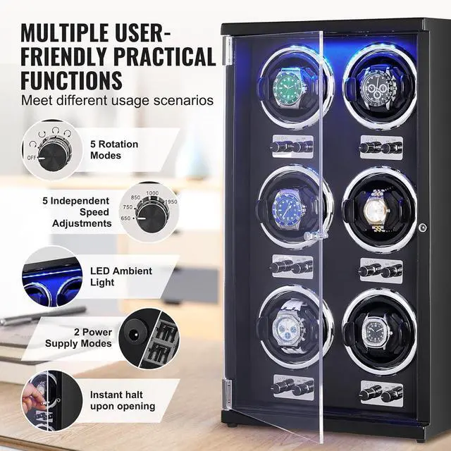 Alt view image 5 of 7 - Watch Winder, Watch Winder for 6 Men's and Women's Automatic Watches, with 6 Super Quiet Japanese Mabuchi Motors, Blue LED Light and Adapter, High-Density Board Shell and Black PU