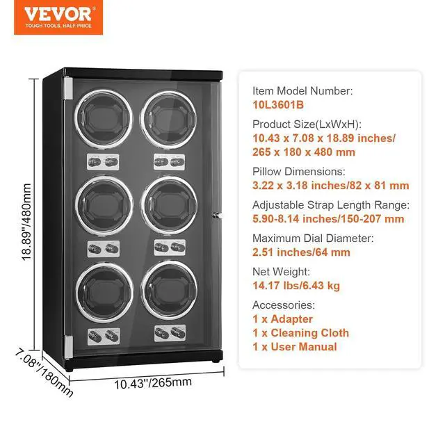 Alt view image 7 of 7 - Watch Winder, Watch Winder for 6 Men's and Women's Automatic Watches, with 6 Super Quiet Japanese Mabuchi Motors, Blue LED Light and Adapter, High-Density Board Shell and Black PU