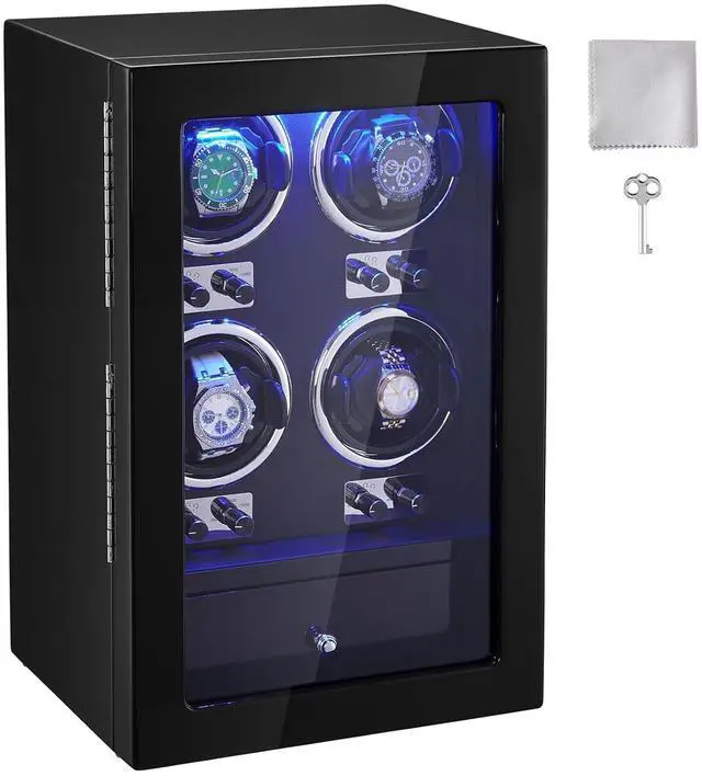 Main image of Watch Winder, Watch Winder for 4 Men's and Women's Automatic Watches, with 4 Super Quiet Japanese Mabuchi Motors, Blue LED Light and Adapter, High-Density Board Shell and Black PU