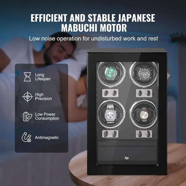 Alt view image 4 of 7 - Watch Winder, Watch Winder for 4 Men's and Women's Automatic Watches, with 4 Super Quiet Japanese Mabuchi Motors, Blue LED Light and Adapter, High-Density Board Shell and Black PU